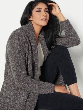 Barefoot Dreams Cabin Cable Knit Open Cardigan Sweater Gray/Brown Large NEW